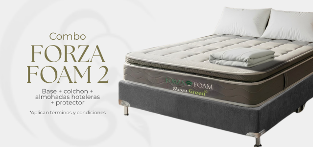 Anuncio del colchón Forza Form 2 con cama beige y gris sobre fondo blanco.