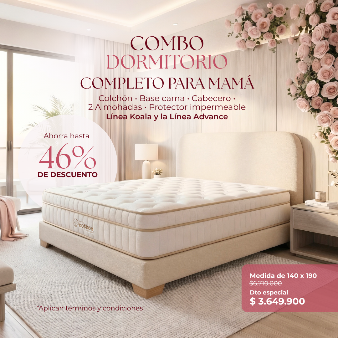 Dormitorio completo beige con cama, cabecera y mesitas, en ambiente luminoso con flores rosas y descuento 46%