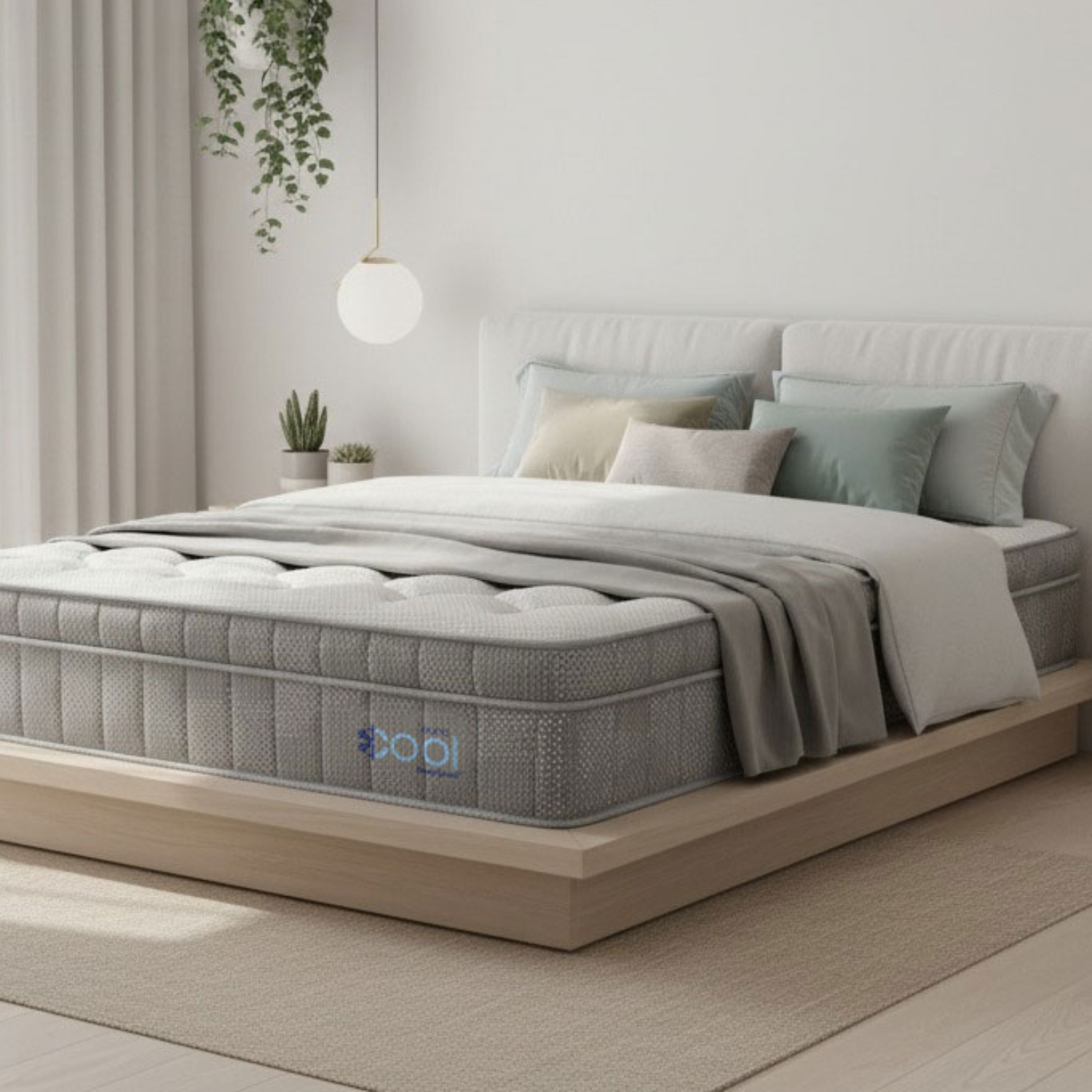 Una cama con un colchón y almohadas en un dormitorio.