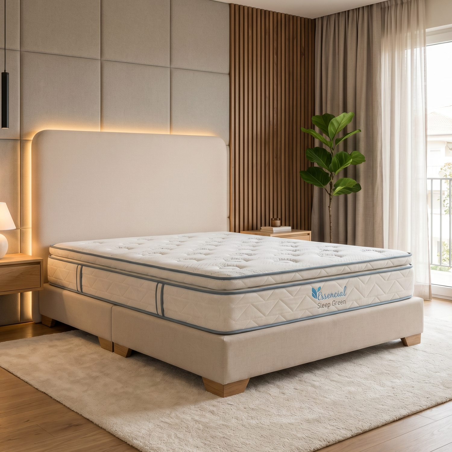 Dormitorio moderno con cama tapizada en color beige, colchón blanco, detalles en madera y luz natural suave.