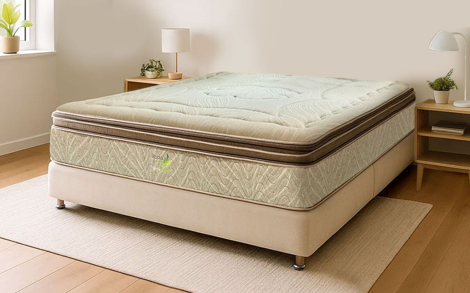 Colchón beige sobre una plataforma de cama en una habitación bien iluminada con mesas pequeñas y una ventana.