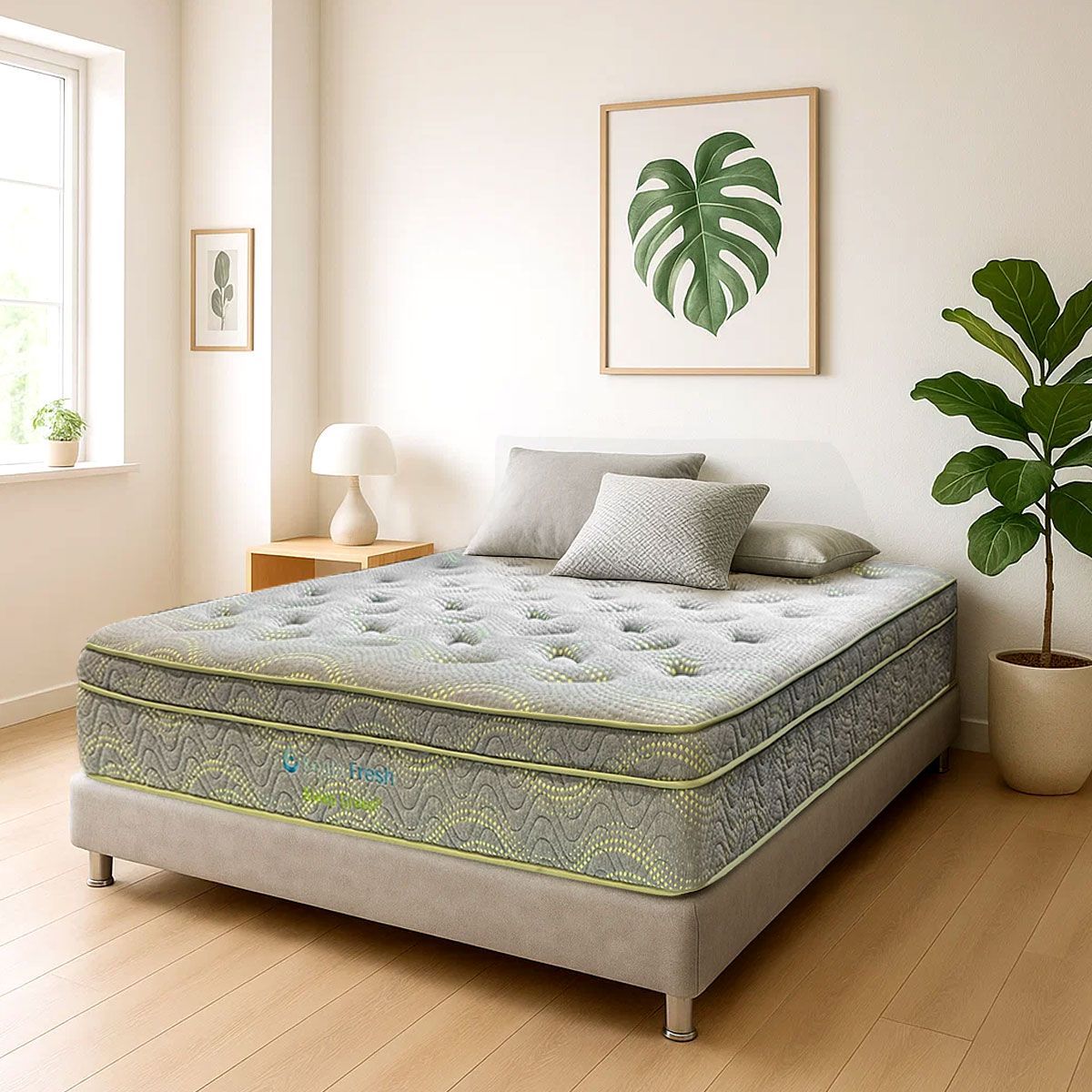 Un colchón grueso de color gris con un estampado y un borde verde lima descansa sobre una estructura de cama gris en una habitación soleada con una planta frondosa.