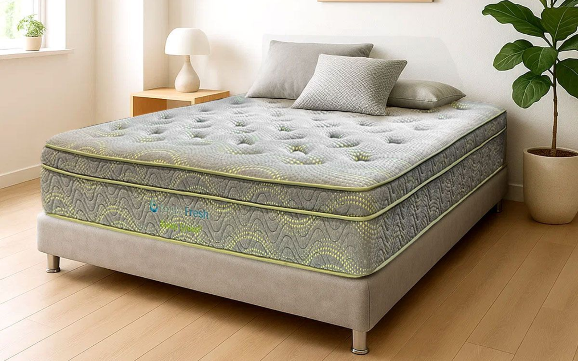 Cama con colchón y base color gris, almohadas, mesita de noche con lámpara y planta en maceta.