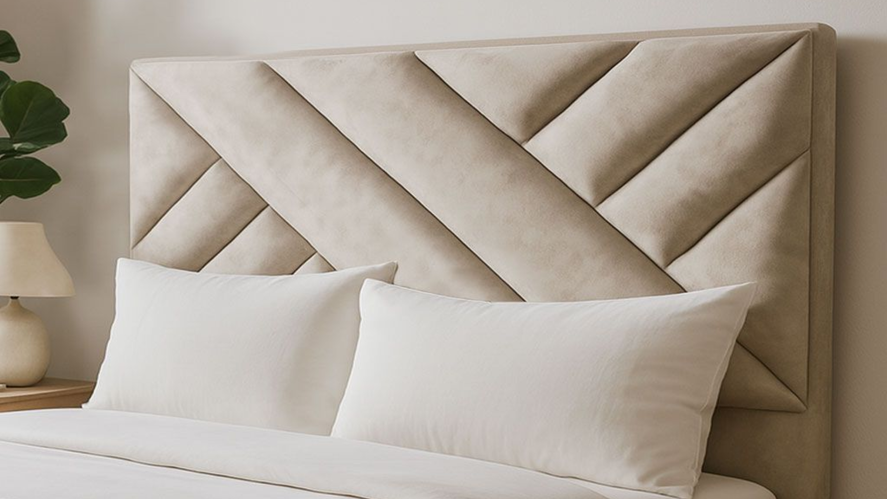 Un cabecero capitoné de color beige con un estampado geométrico diagonal, situado detrás de dos almohadas blancas sobre una cama.