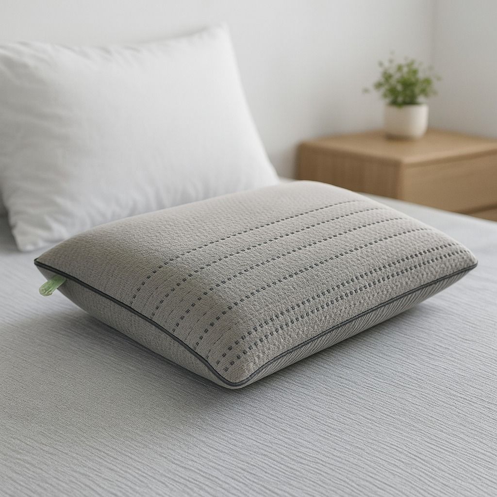 Sobre una sábana gris a juego, hay un cojín texturizado con costuras oscuras, y cerca se encuentran otro cojín blanco y una planta.
