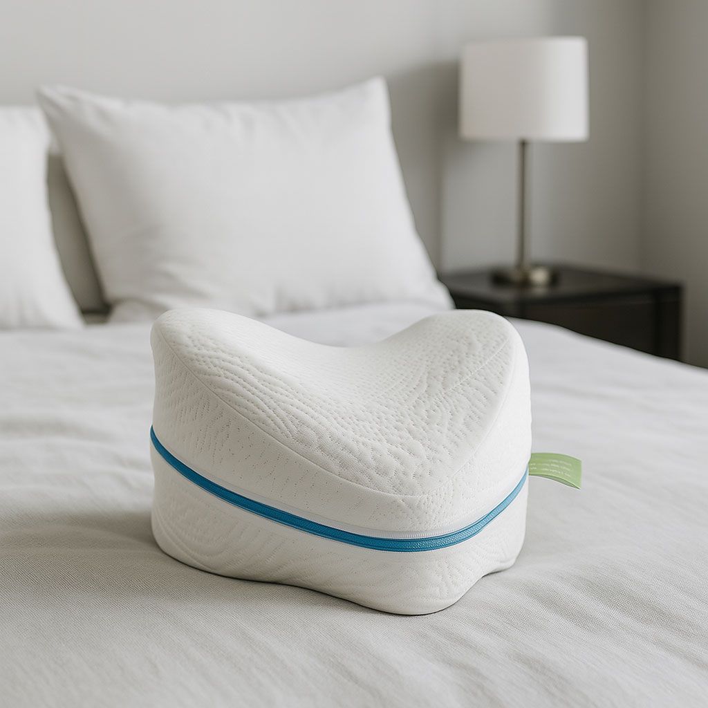 Sobre una cama en un dormitorio hay una almohada blanca de espuma viscoelástica con cremallera azul.