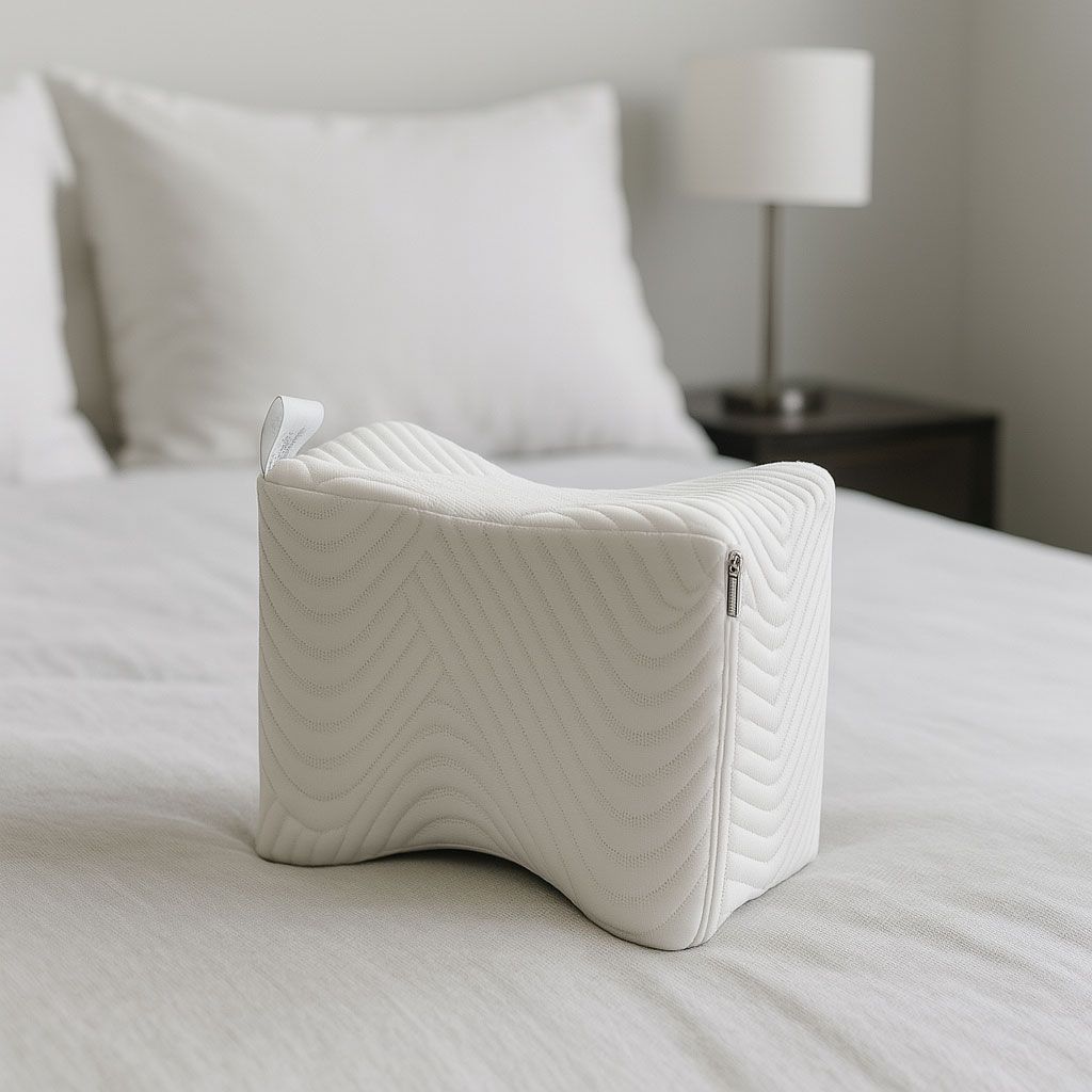 Una almohada ergonómica blanca para las rodillas, con una funda texturizada, reposa en posición vertical sobre una cama en un dormitorio con iluminación tenue.
