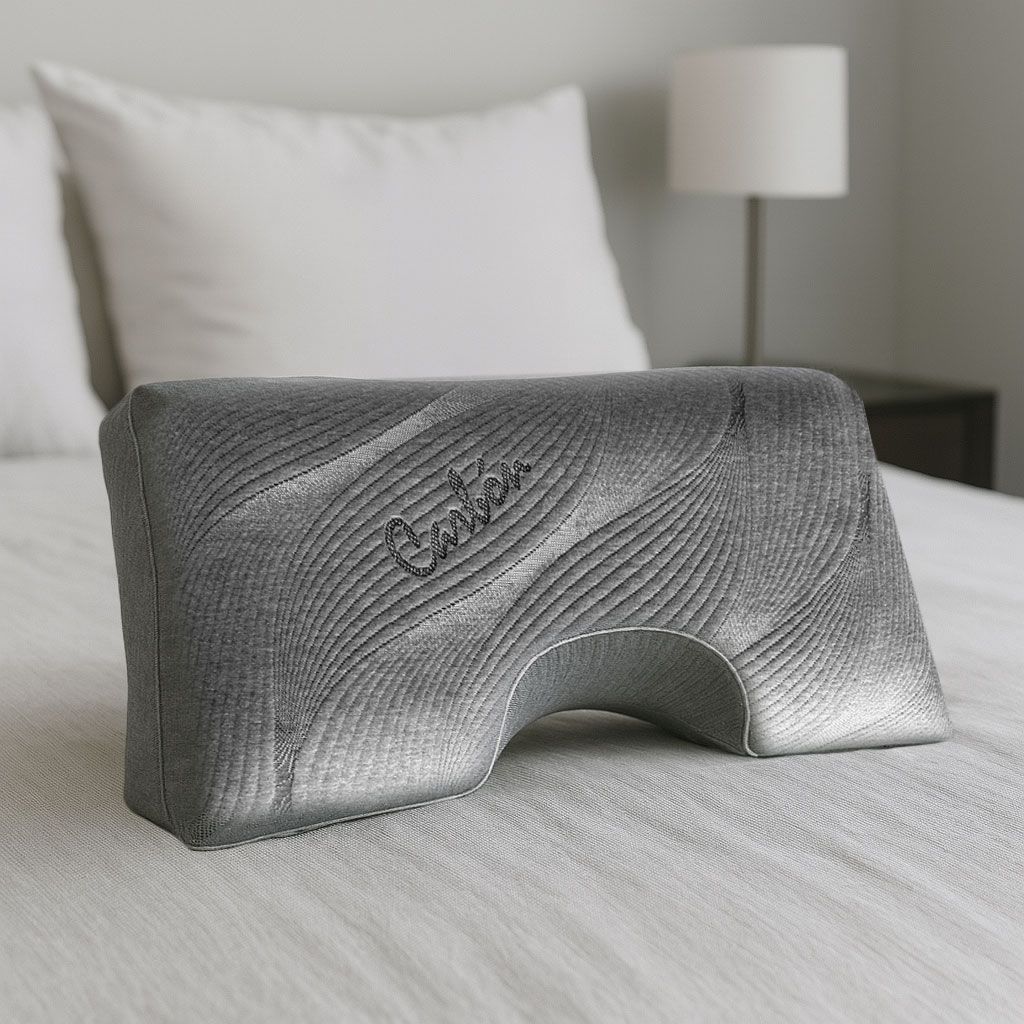 Una almohada ergonómica gris, contorneada y con una funda texturizada, descansa sobre una cama en un dormitorio.