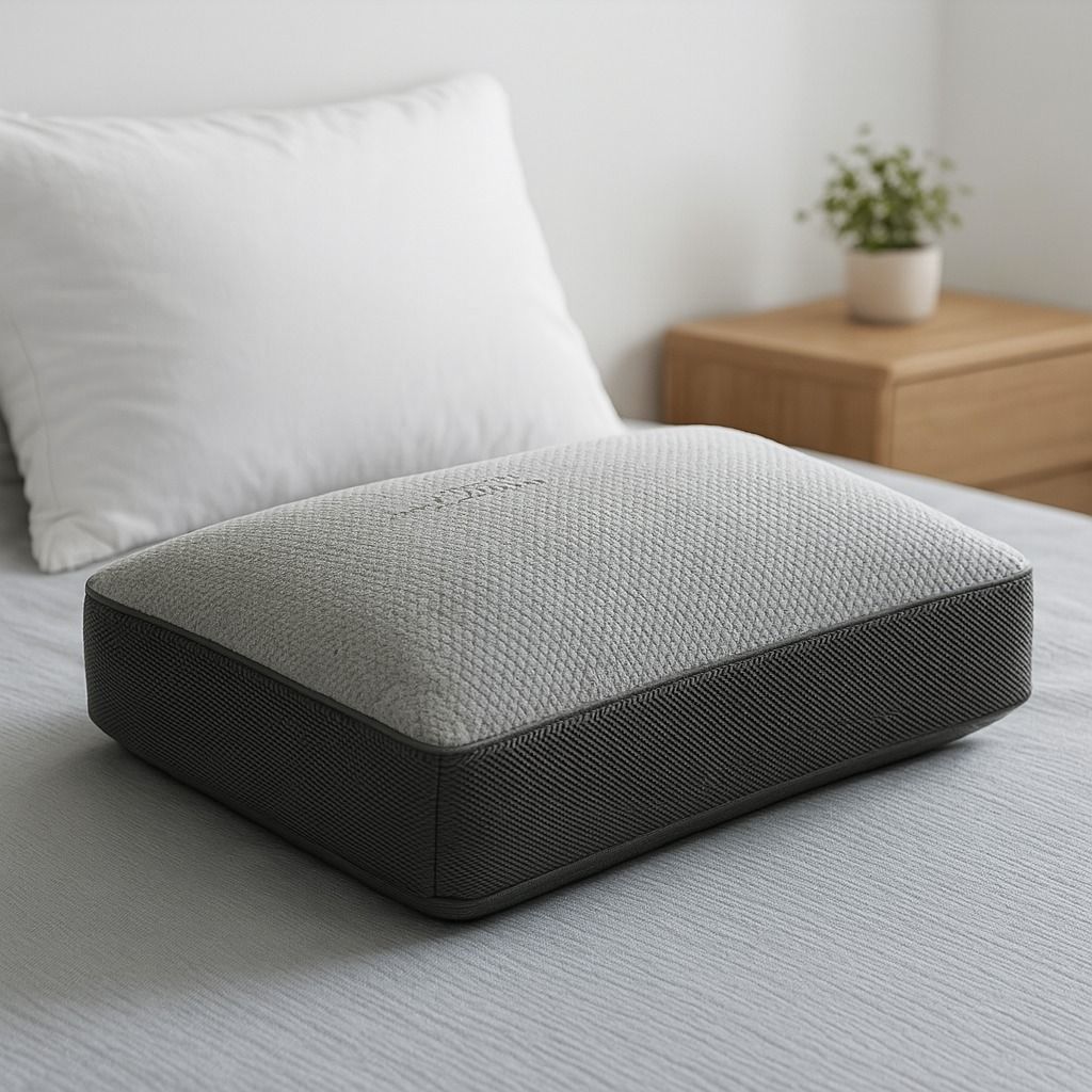 Una almohada firme y rectangular con la parte superior gris texturizada y los laterales de color carbón oscuro, que reposa sobre una cama hecha junto a una mesita de noche.
