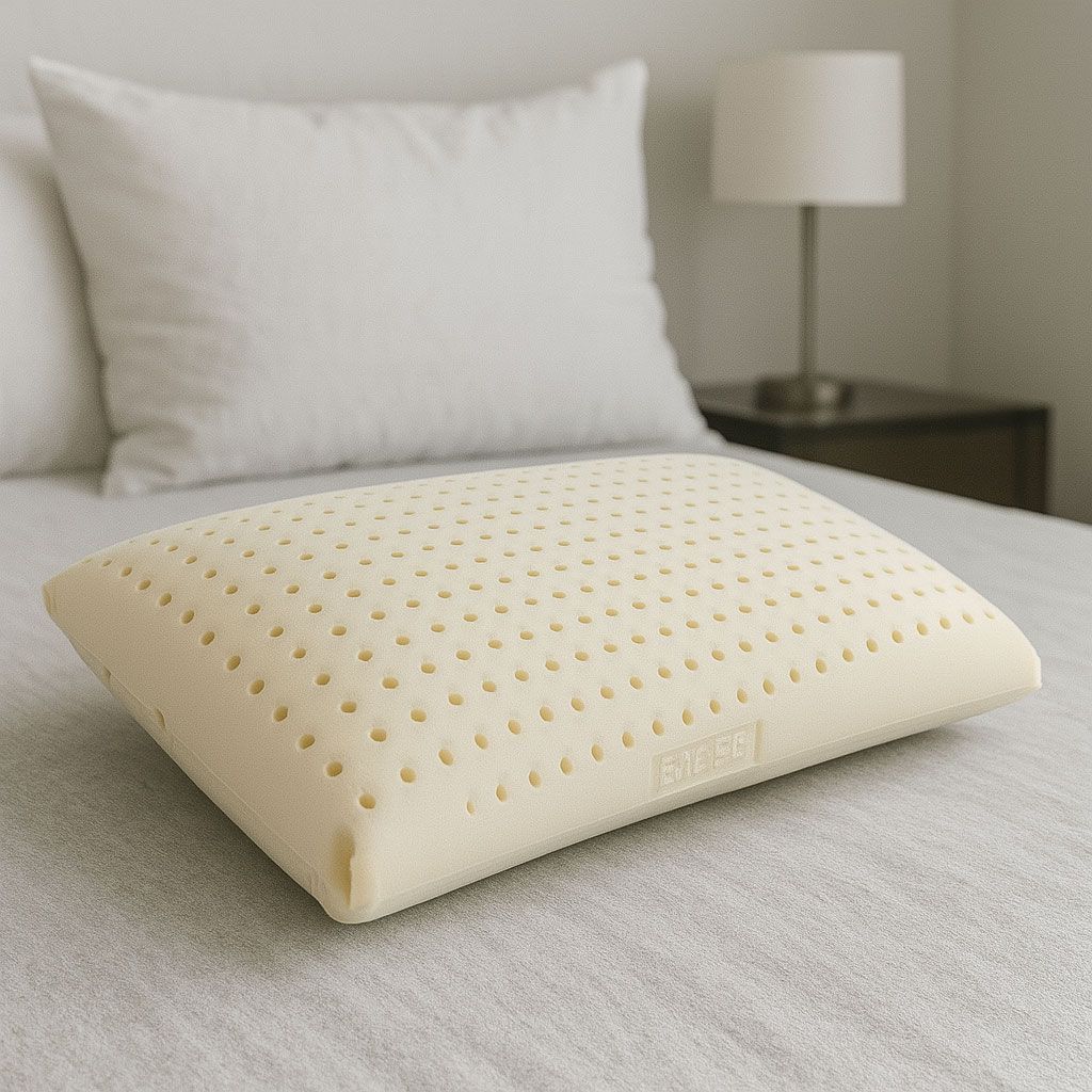 Almohada de látex color canela con pequeños agujeros sobre una cama, con una almohada blanca y una lámpara al fondo.