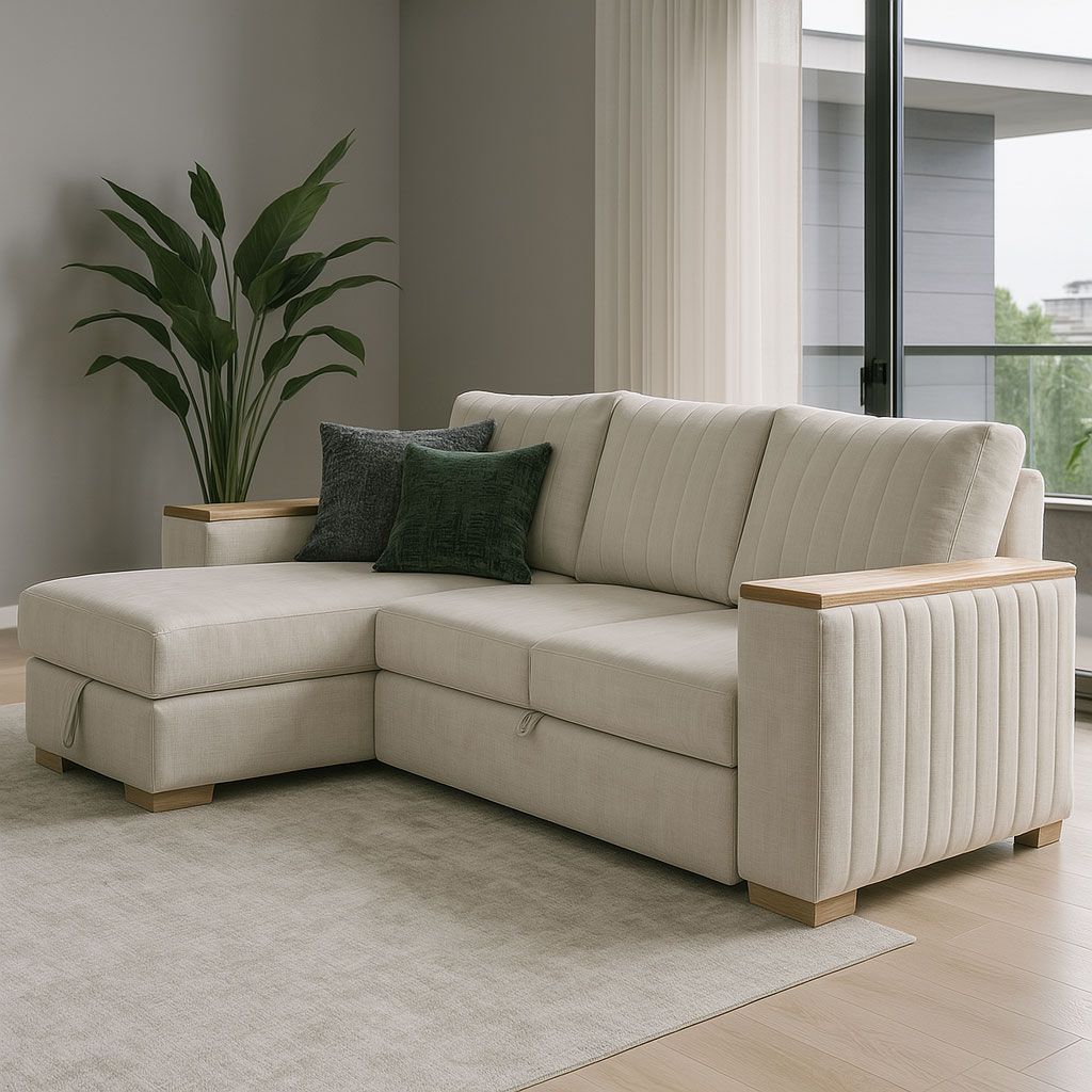 Un sofá modular beige con reposabrazos de madera, capitoné vertical y dos cojines decorativos en una sala de estar moderna.