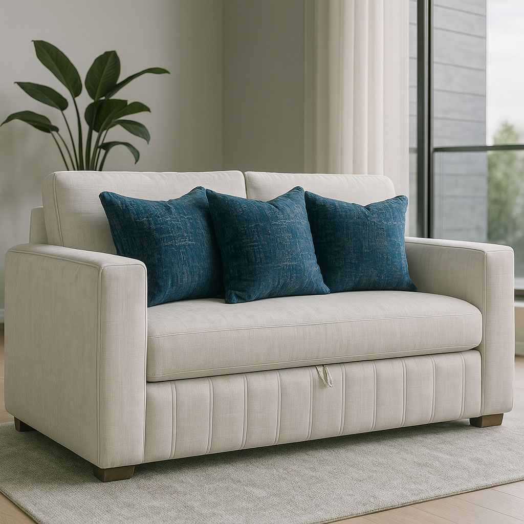 Sofá de dos plazas de color crema con almohadones azules, en el interior, cerca de una ventana y una planta.