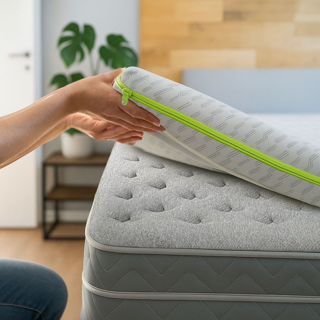 Persona abriendo la cremallera de una funda de colchón con cremallera verde. La cama tiene una cubierta gris y blanca con cabecero de madera.