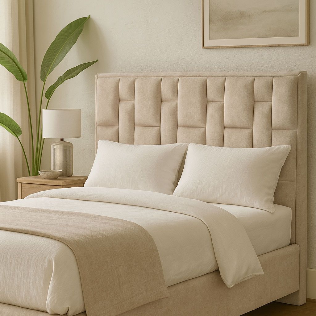 Dormitorio beige con cama, cabecero, mesita de noche y planta.