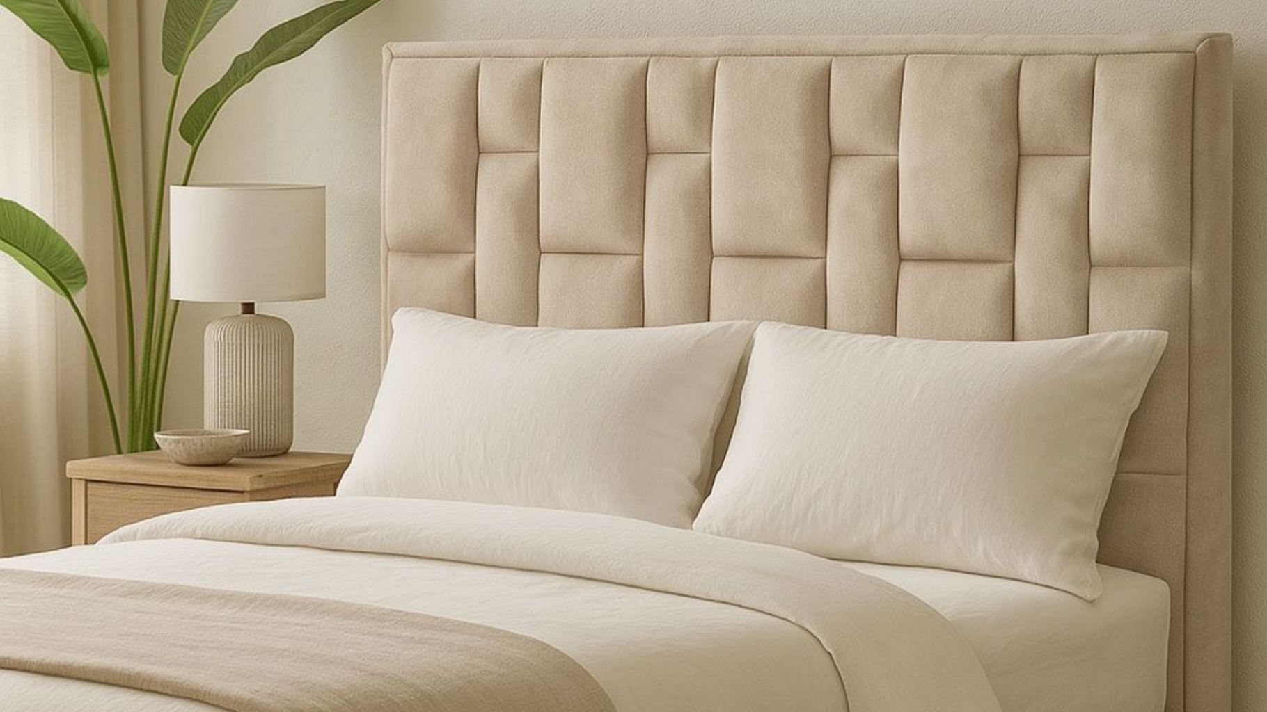 Un cabecero tapizado en color beige con un estampado geométrico de cuadrícula, dos almohadas y una lámpara de noche sobre la mesita de noche.