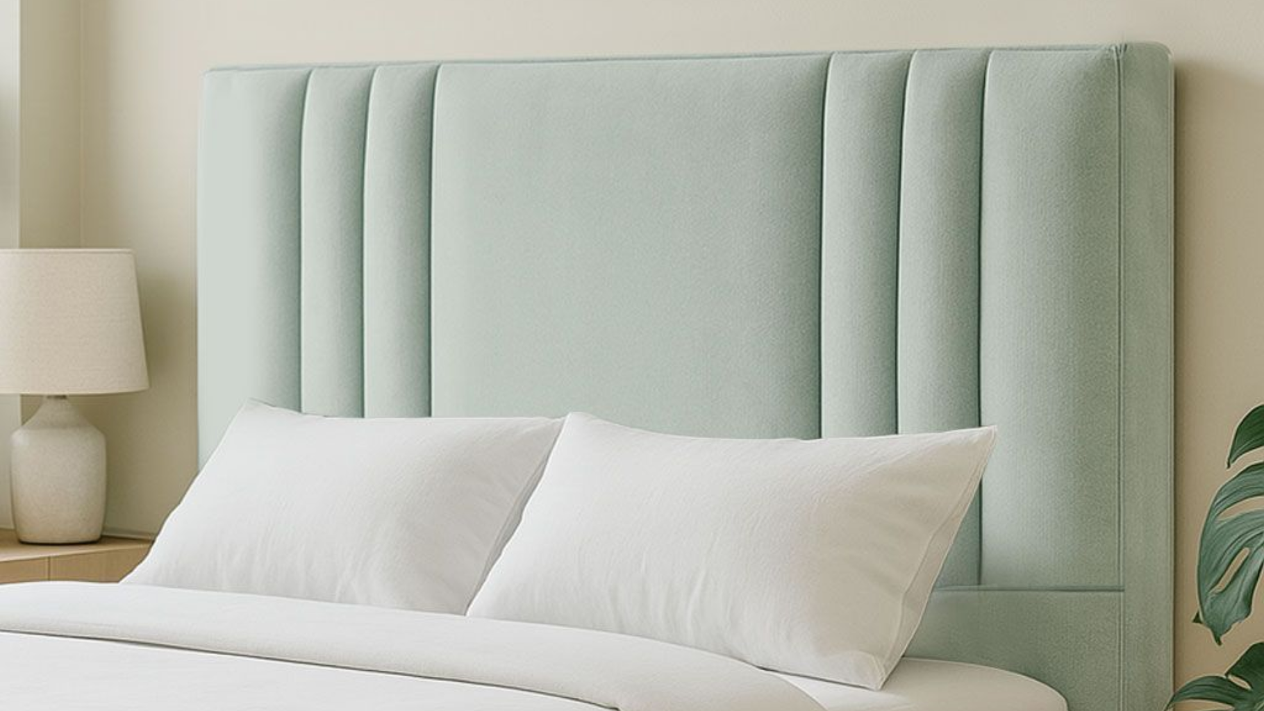 Un cabecero tapizado de color verde menta con costuras verticales se encuentra detrás de dos almohadas blancas sobre una cama apoyada contra una pared de color neutro.