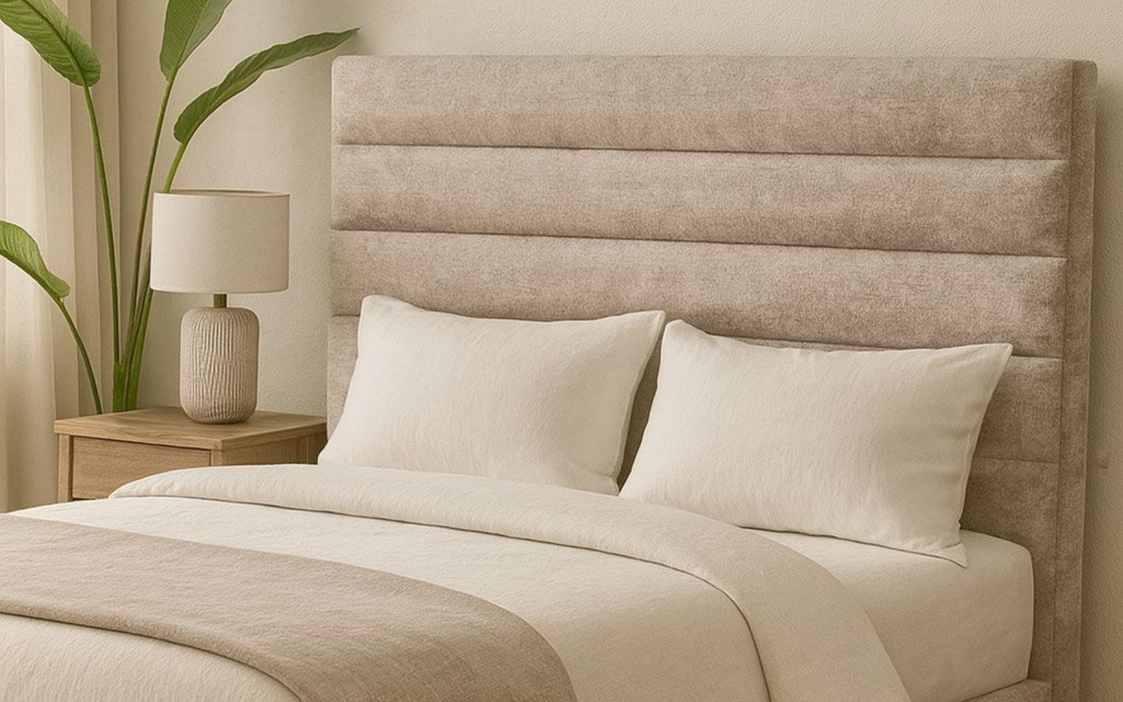 Un cabecero tapizado de color beige con capitoné horizontal, dos almohadas, ropa de cama en tonos neutros, una mesita de noche y una planta verde.
