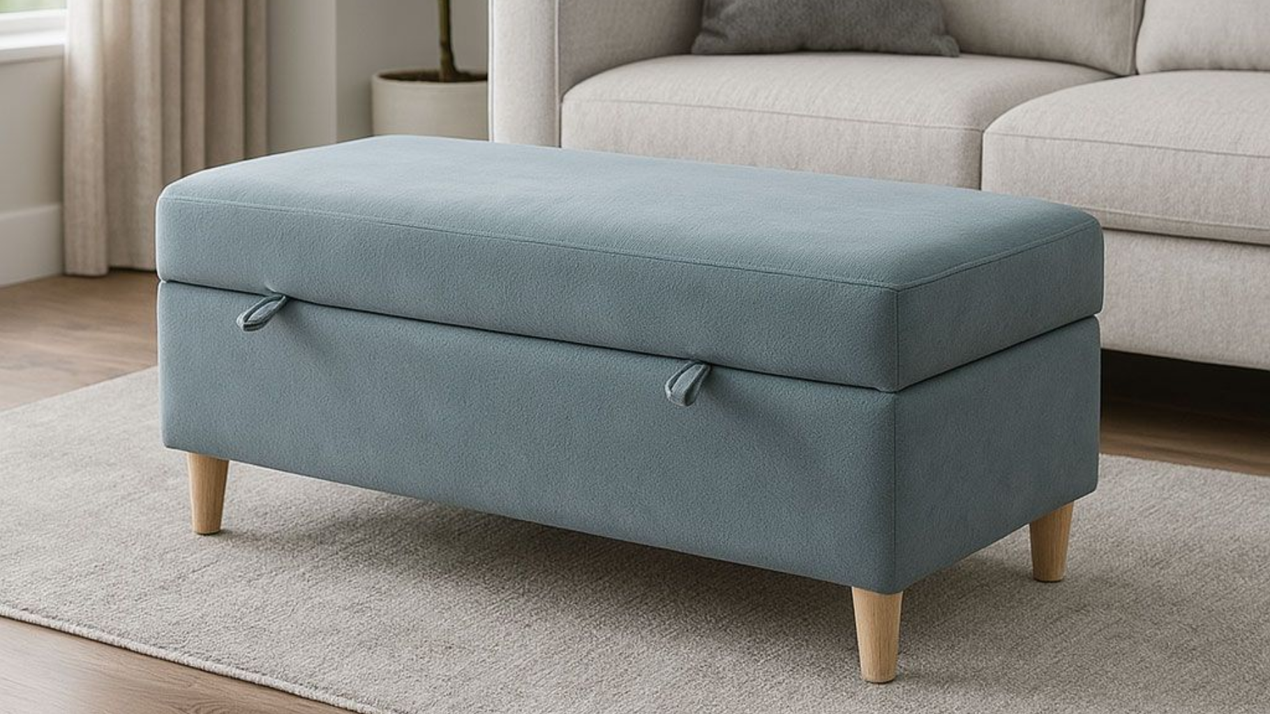 Un puf de tela azul con patas de madera clara, colocado sobre una alfombra en una sala de estar.