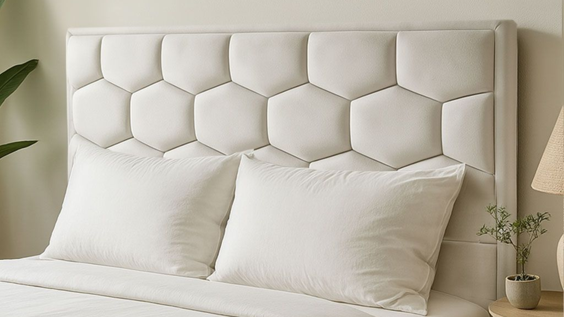 Un cabecero tapizado de color crema con un estampado geométrico en forma de panal sobre una cama con almohadas blancas.