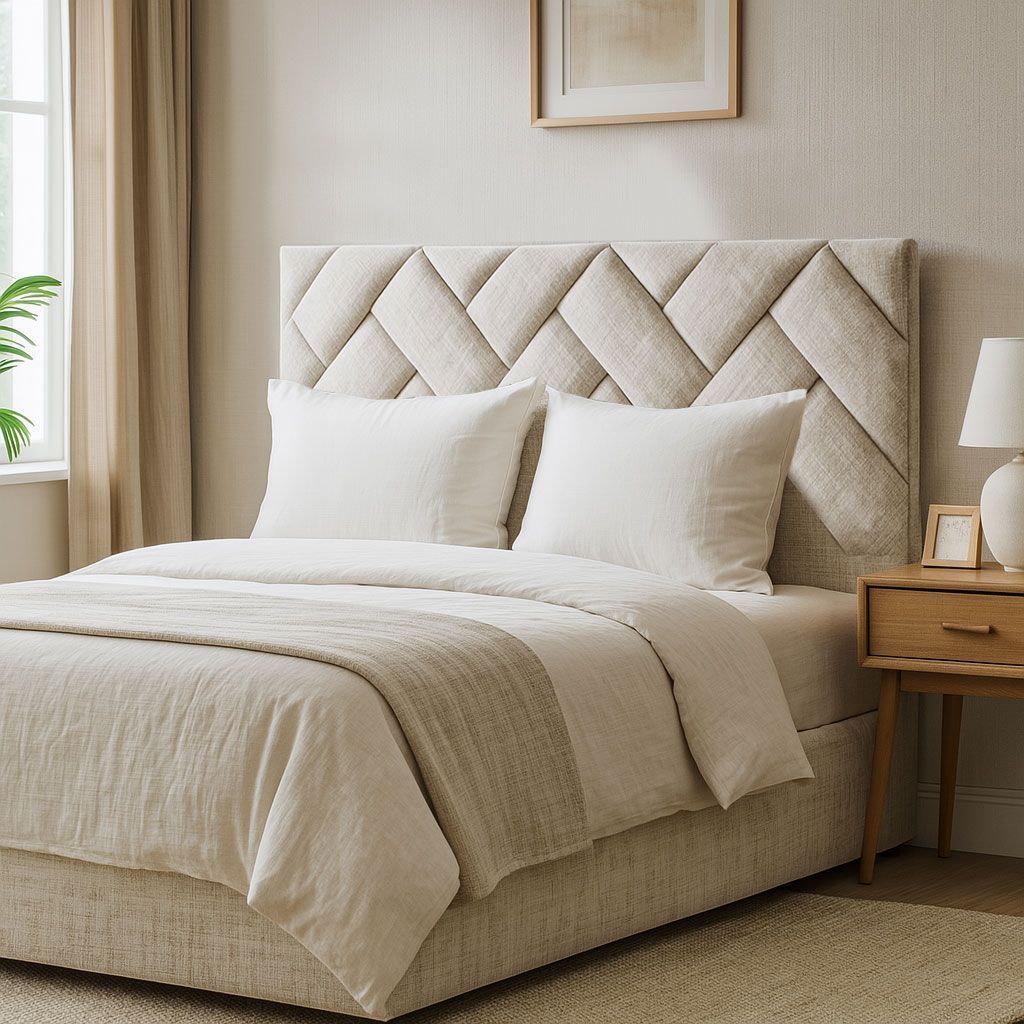 Una cama beige con cabecero tapizado con textura de espiga y ropa de cama a juego en una habitación luminosa y moderna.