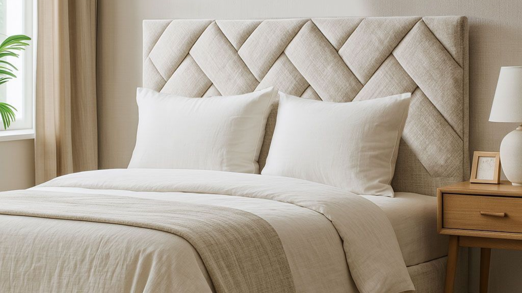 Una cama bien hecha con un cabecero beige texturizado con estampado de espiga, almohadas blancas y ropa de cama de tonos neutros claros.