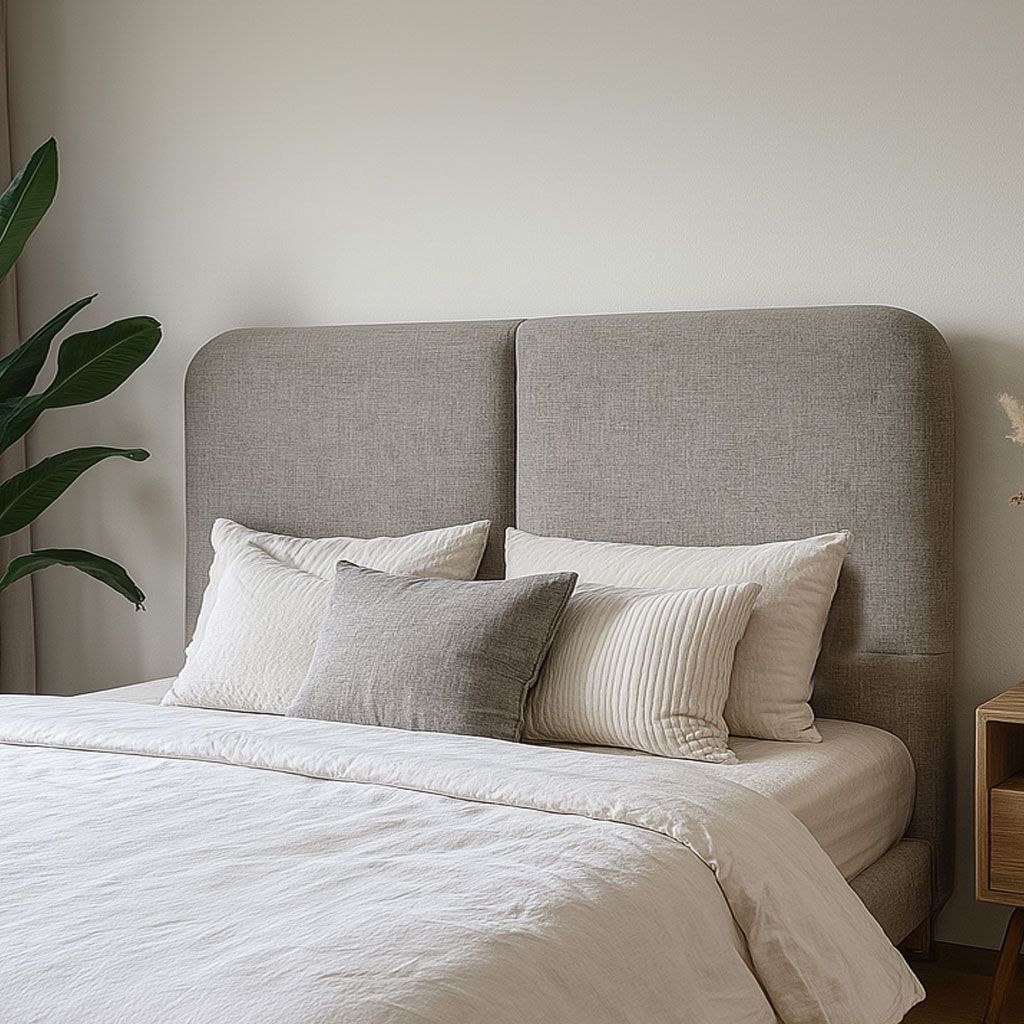 Cama con cabecero gris y ropa de cama blanca, almohadas decorativas, mesita de noche.