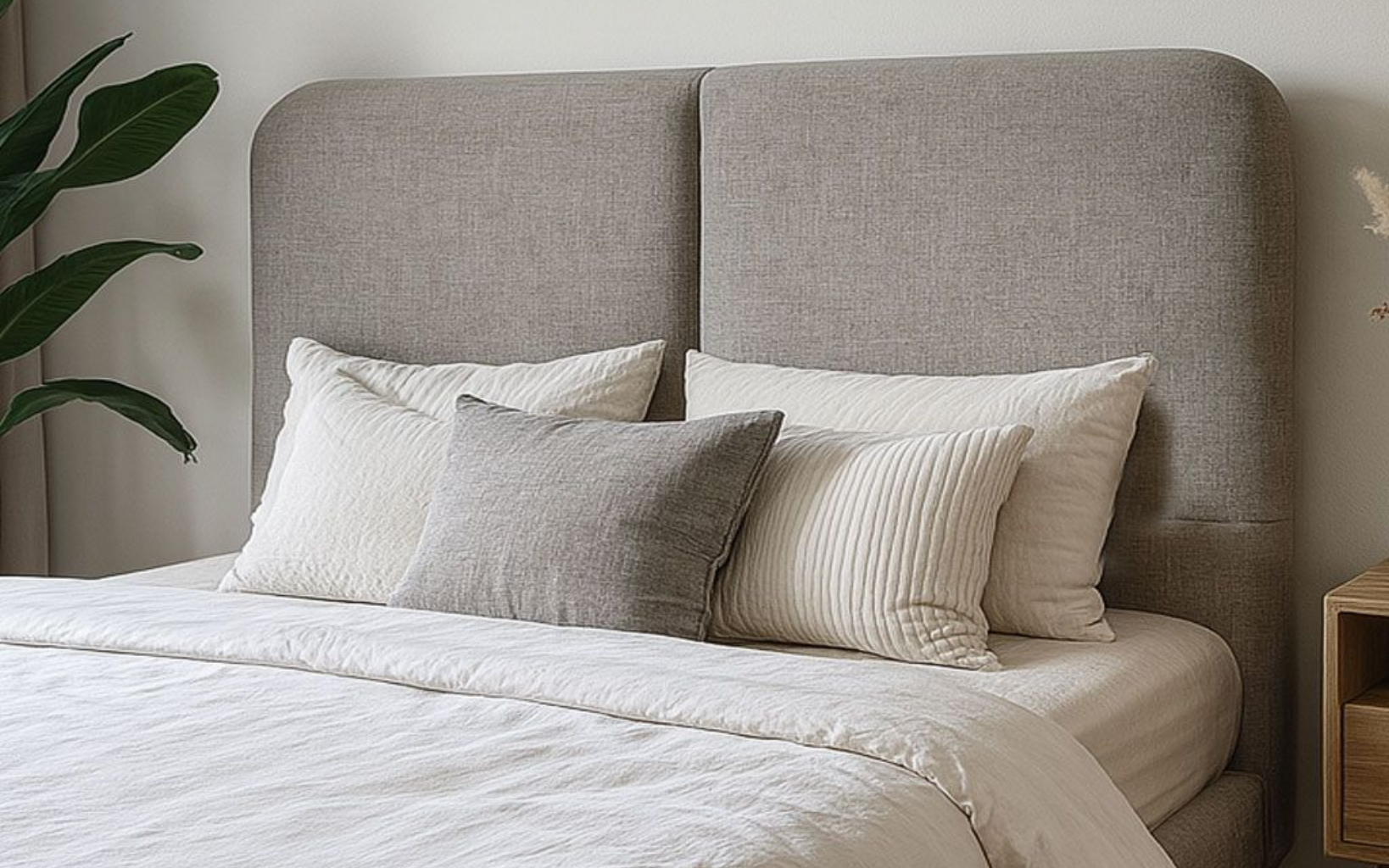 Un dormitorio moderno cuenta con un cabecero tapizado en gris claro con textura y una cama vestida con almohadas en tonos neutros.