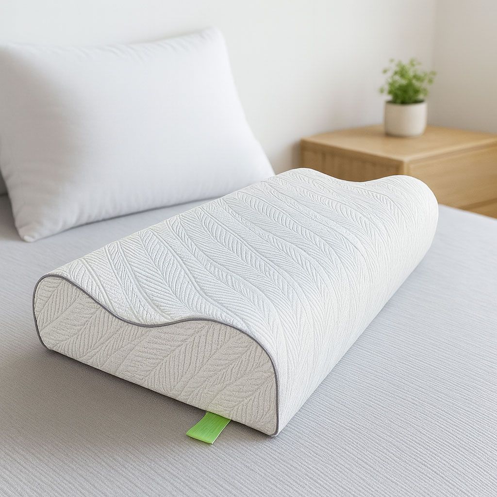 Sobre una cama, junto a una mesita de noche con una pequeña planta, reposa una almohada cervical ergonómica blanca con un estampado de hojas grises.