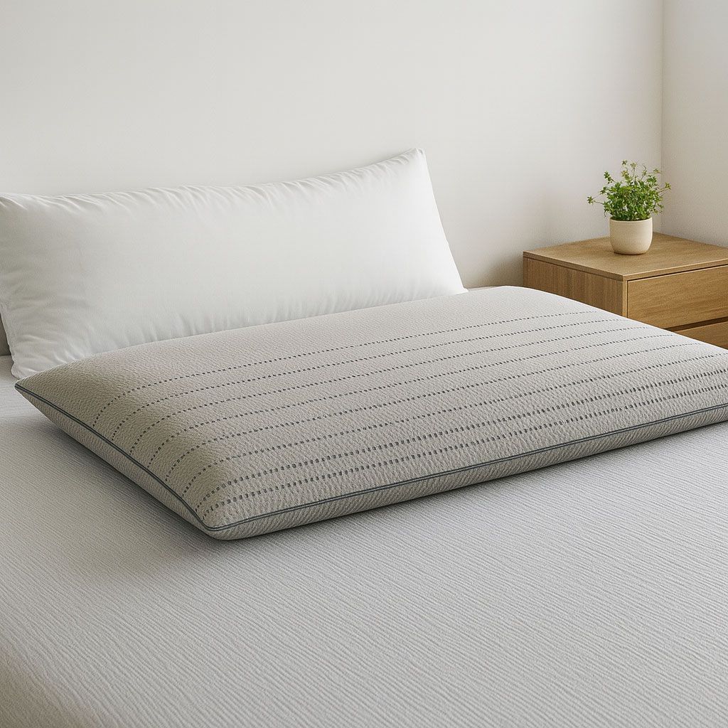 Sobre una cama, junto a una almohada blanca y una pequeña planta en maceta sobre una mesita de noche de madera, descansa una almohada rectangular de color gris con textura.