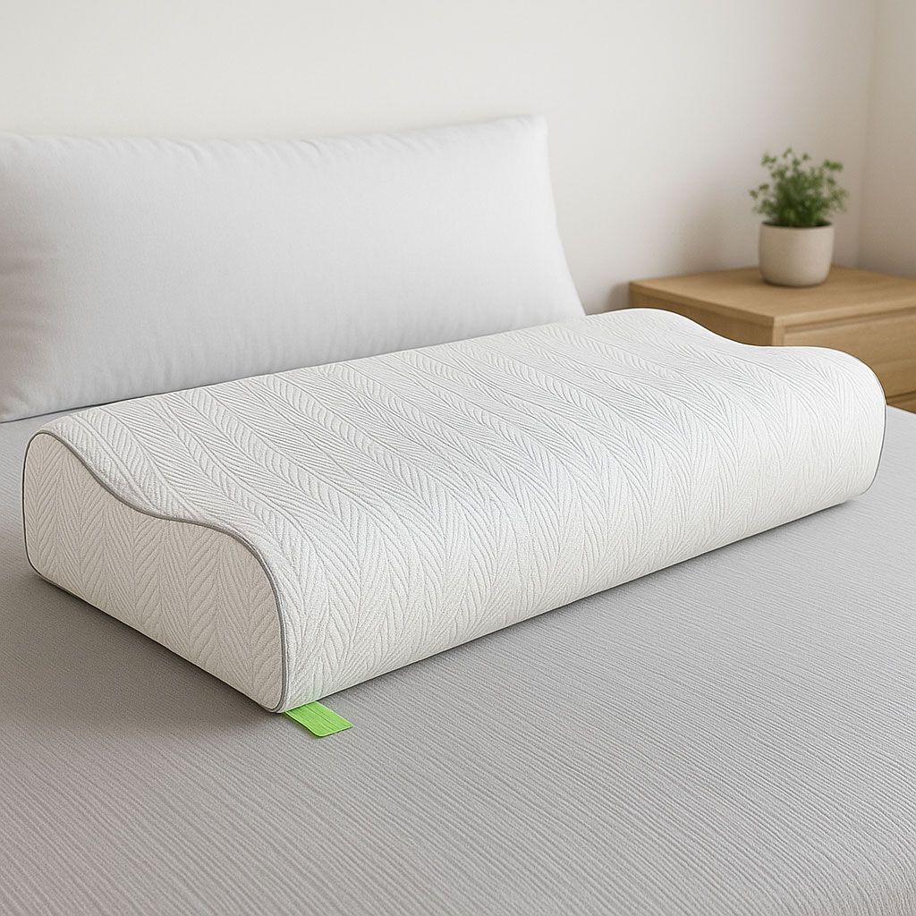Una almohada blanca de espuma viscoelástica con forma ergonómica y funda estampada descansa sobre una cama junto a una pequeña planta en maceta.