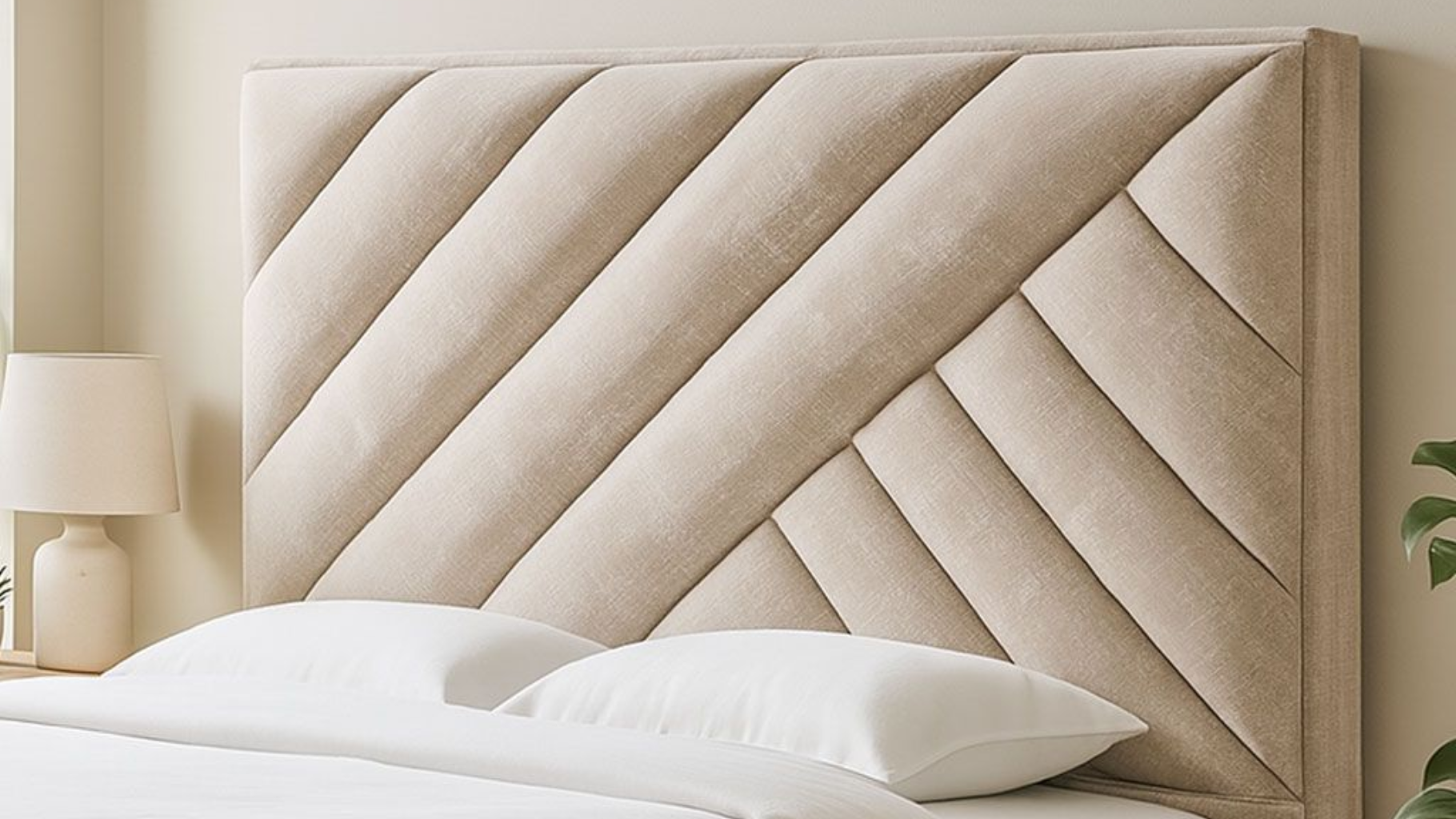 Un cabecero tapizado en color beige con un patrón de capitoné diagonal en forma de espiga en un dormitorio minimalista.