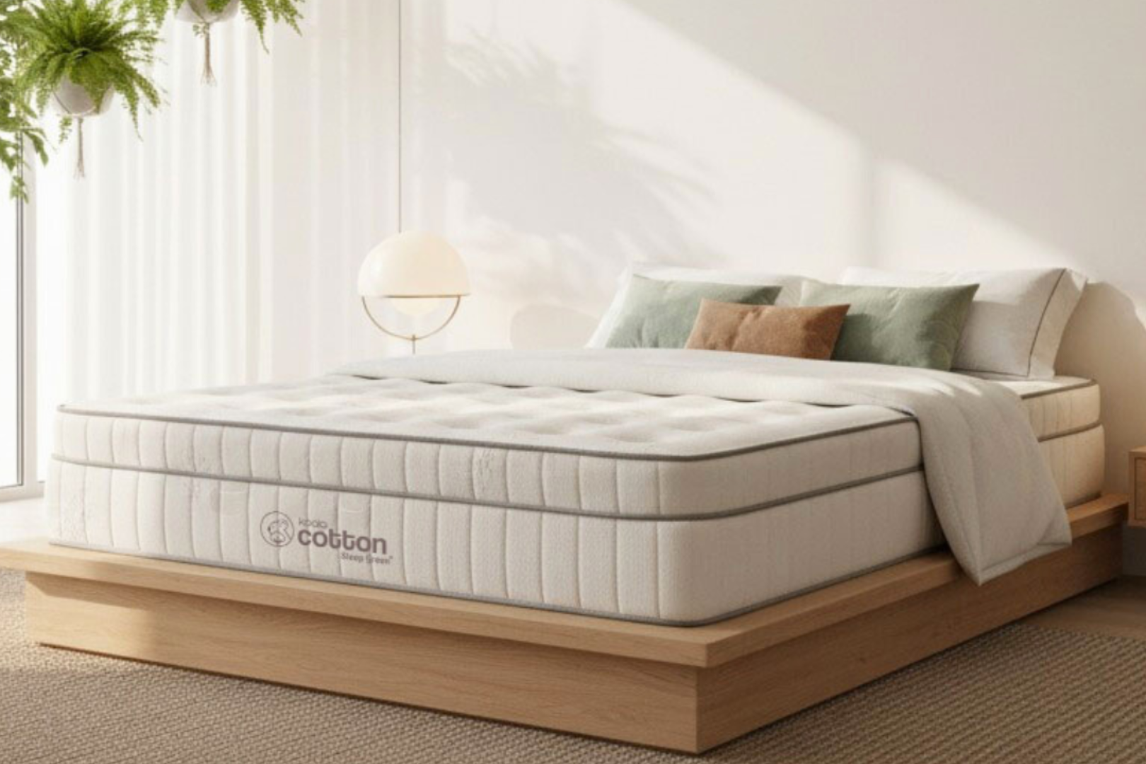 Una cama con colchón sobre una plataforma de madera en una habitación luminosa. Ropa de cama en colores neutros.