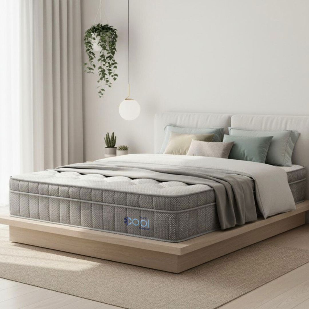 Un dormitorio de tonos neutros cuenta con un colchón con estampado gris sobre una cama de plataforma de madera, con almohadas y una manta gris.