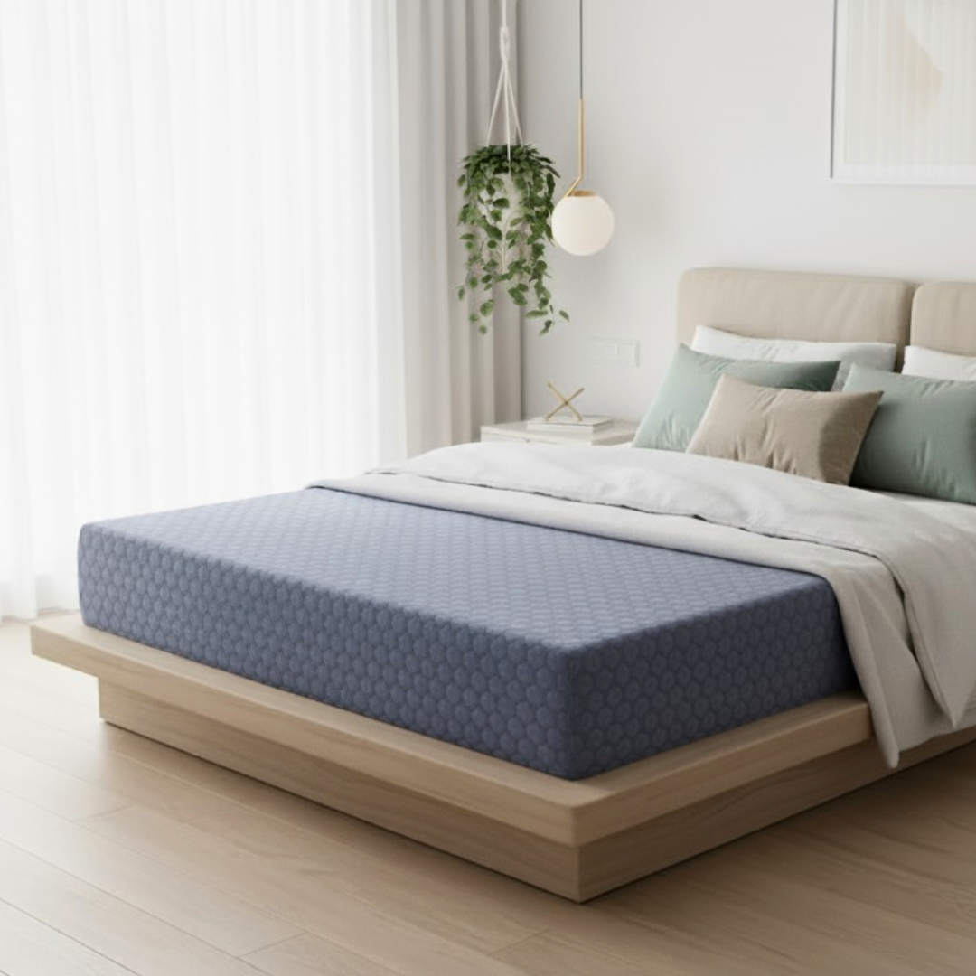 Un colchón azul estampado sobre una cama de plataforma de madera en un dormitorio luminoso con cortinas, almohadas y plantas colgantes.
