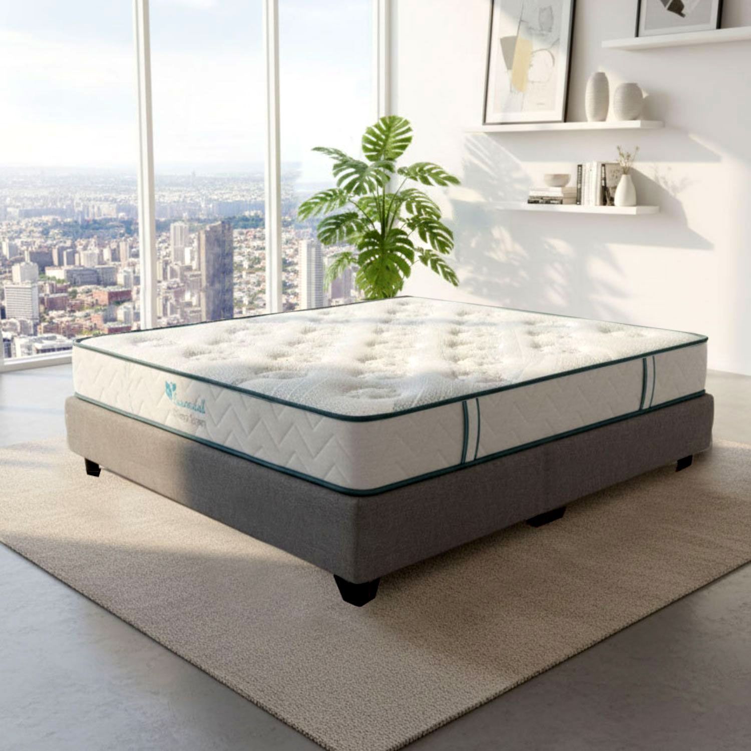 Colchón sobre una plataforma de cama gris, con ribete verde, frente a una ventana con vista a una ciudad.