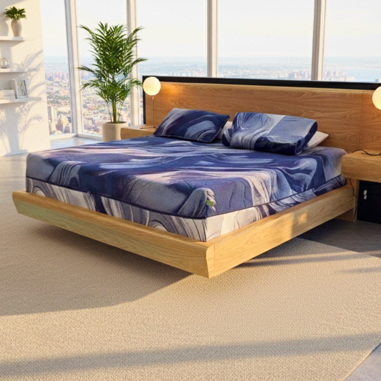 Dormitorio moderno con cama flotante de madera, ropa de cama con estampado azul y vista a la ciudad.