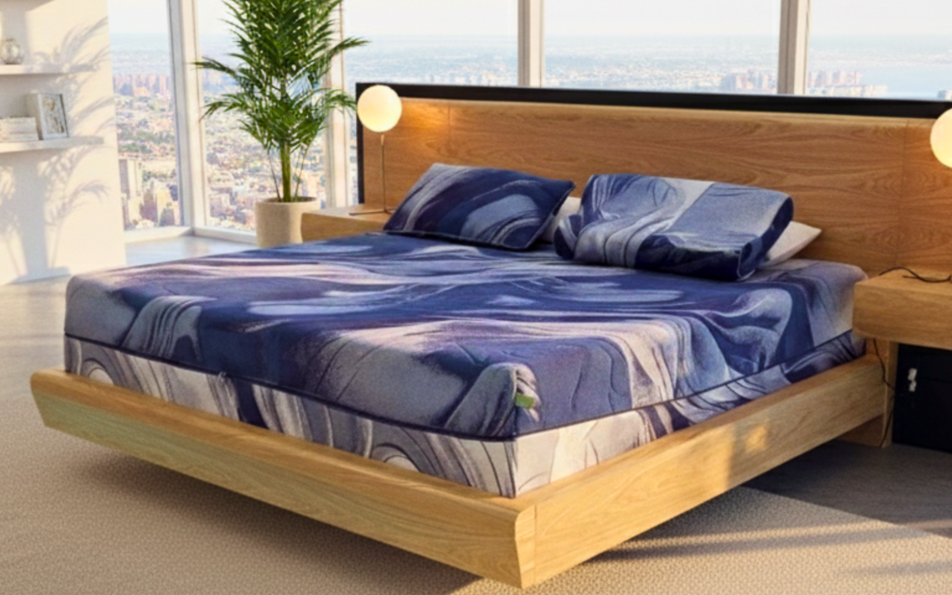 Dormitorio con cama de madera, cabecero y ropa de cama con estampado azul. Ventana con paisaje urbano de fondo.
