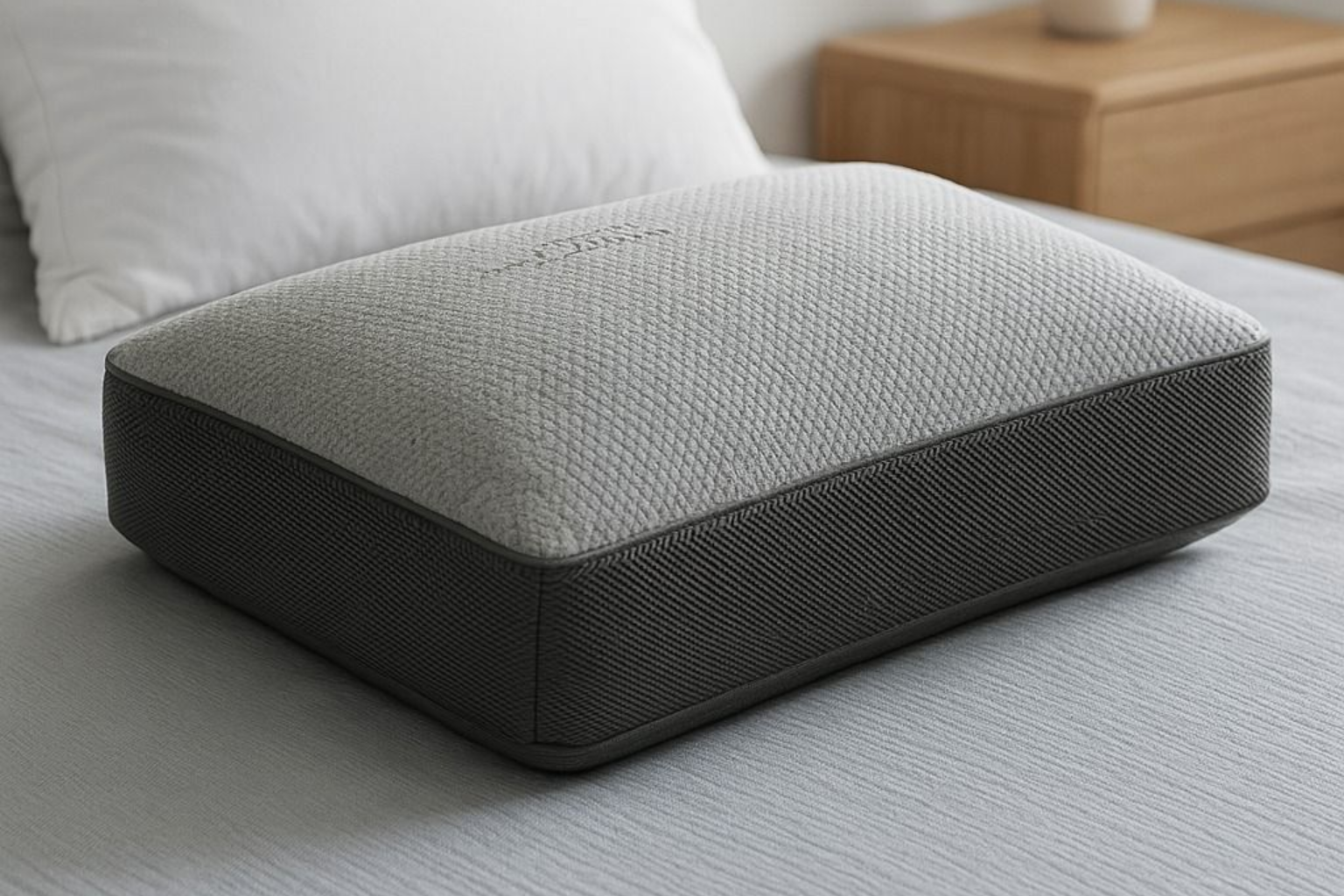 Una almohada rectangular de espuma viscoelástica de dos tonos, con la parte superior gris texturizada y los laterales de color carbón oscuro, colocada sobre una cama.