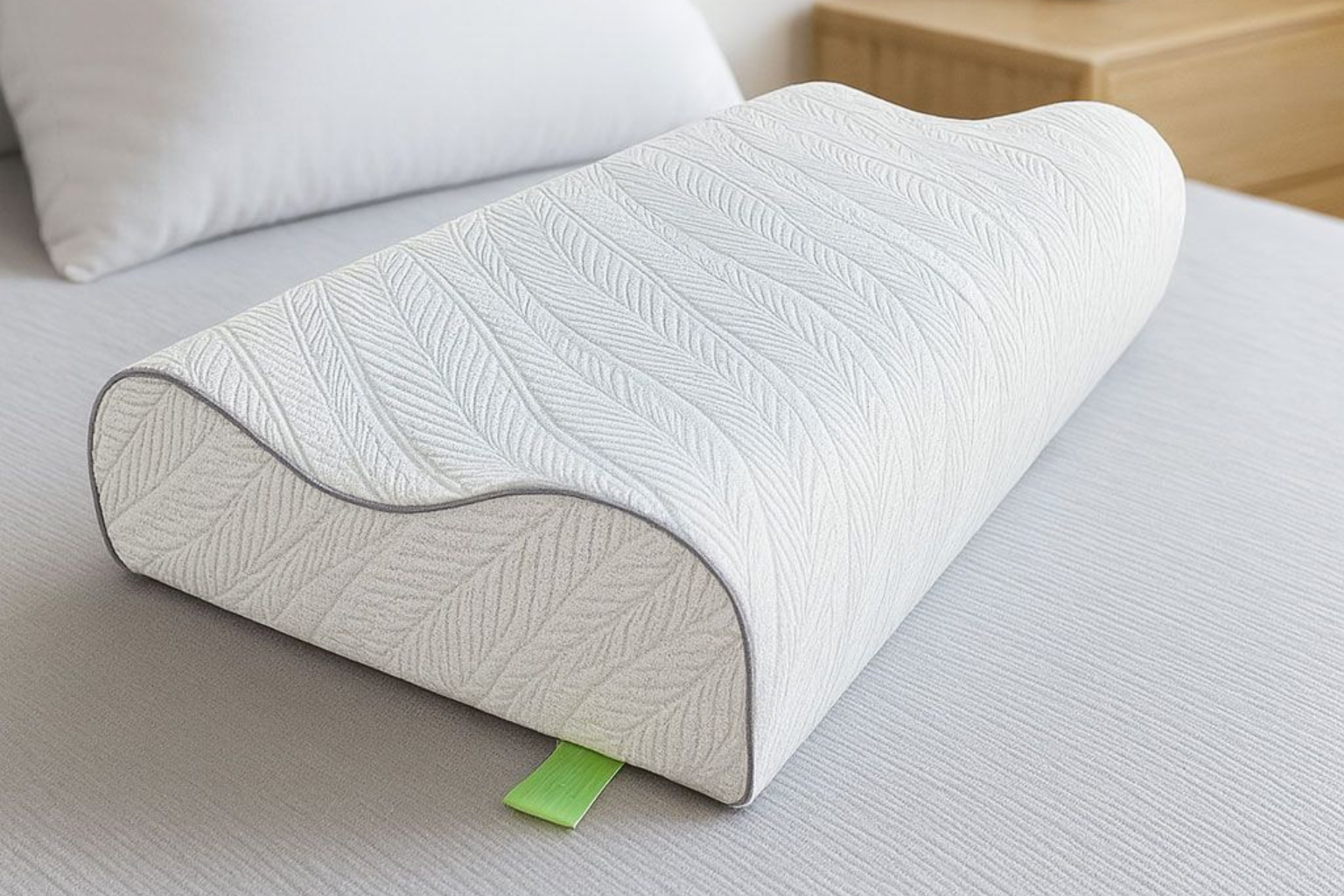 Almohada de espuma viscoelástica contorneada de color blanco sobre una cama con una etiqueta de color verde claro.