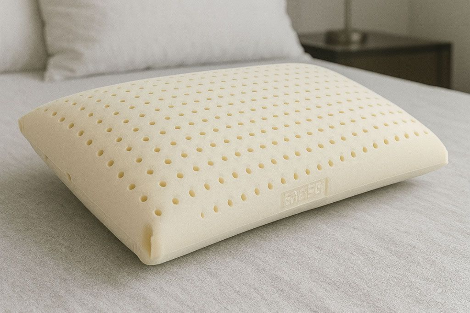 Almohada de látex beige sobre cama, con superficie perforada.