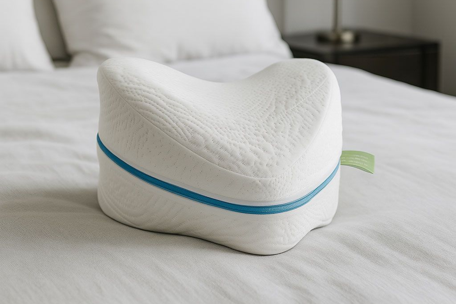 Almohada de rodilla blanca con raya azul, sobre una cama.