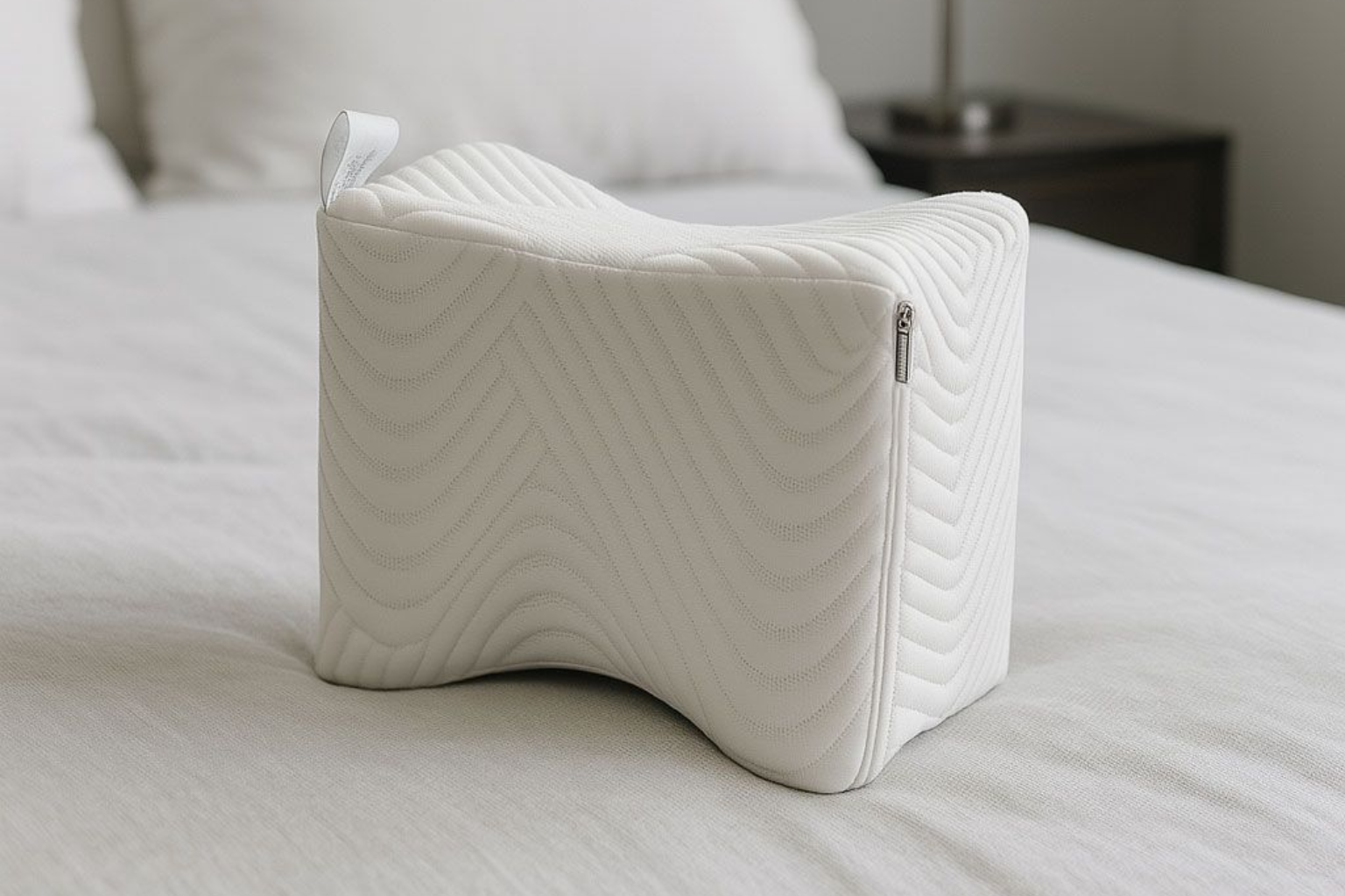 Almohada de espuma viscoelástica blanca para rodillas sobre cama, diseño curvo, detalle de cremallera.
