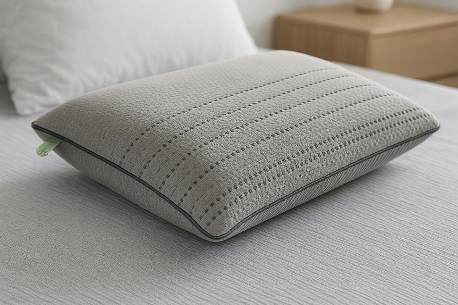 Almohada gris con detalles cosidos sobre una cama.