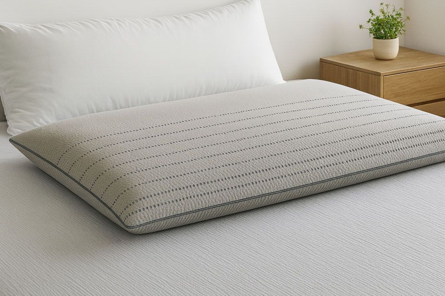Dos almohadas en una cama: una blanca y otra de rayas grises. Mesilla de noche de madera con una planta al fondo.