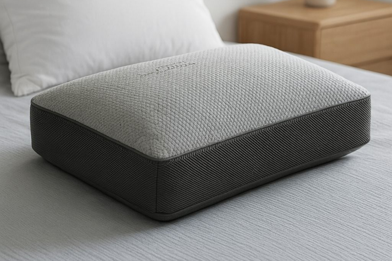 Reposapiés de cama de color gris y blanco, con la parte superior en color claro y bordes más oscuros.