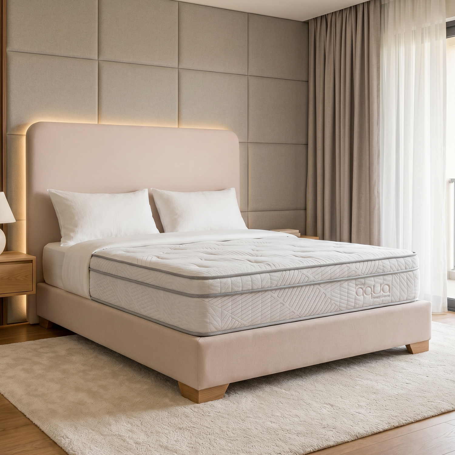 Dormitorio moderno con cama tapizada en color beige, ropa de cama blanca y decoración suave en tonos neutros.