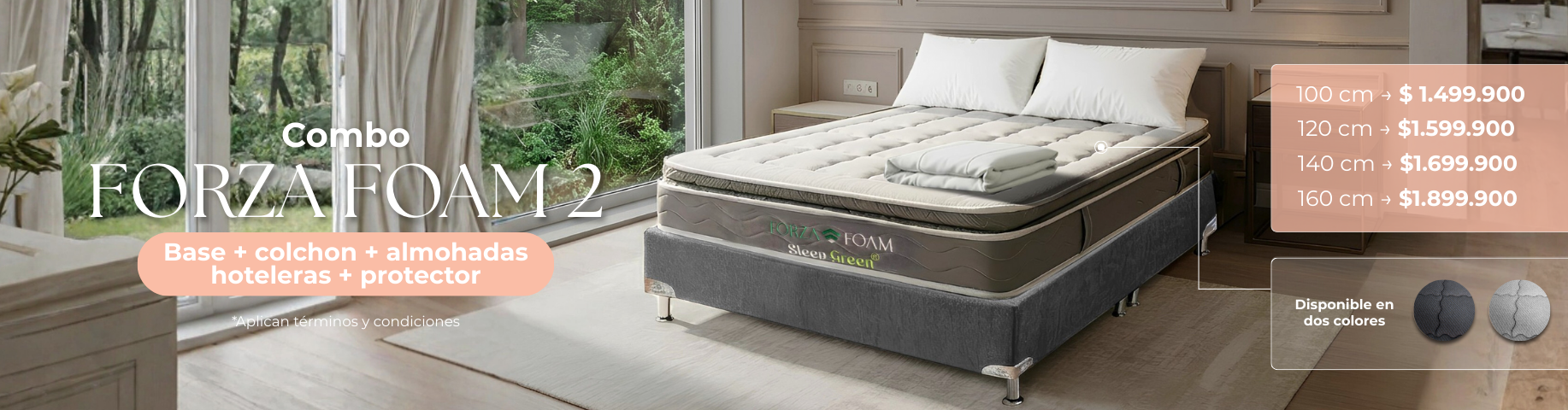 Juego de cama con base gris, almohadas y lista de precios, en dormitorio luminoso.