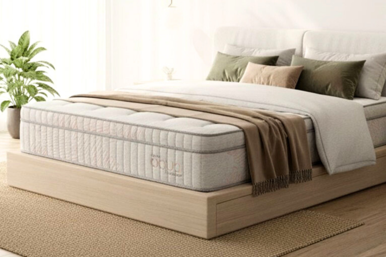Dormitorio con un colchón beige sobre un marco de cama de madera clara, varias almohadas, una manta y una planta en maceta.