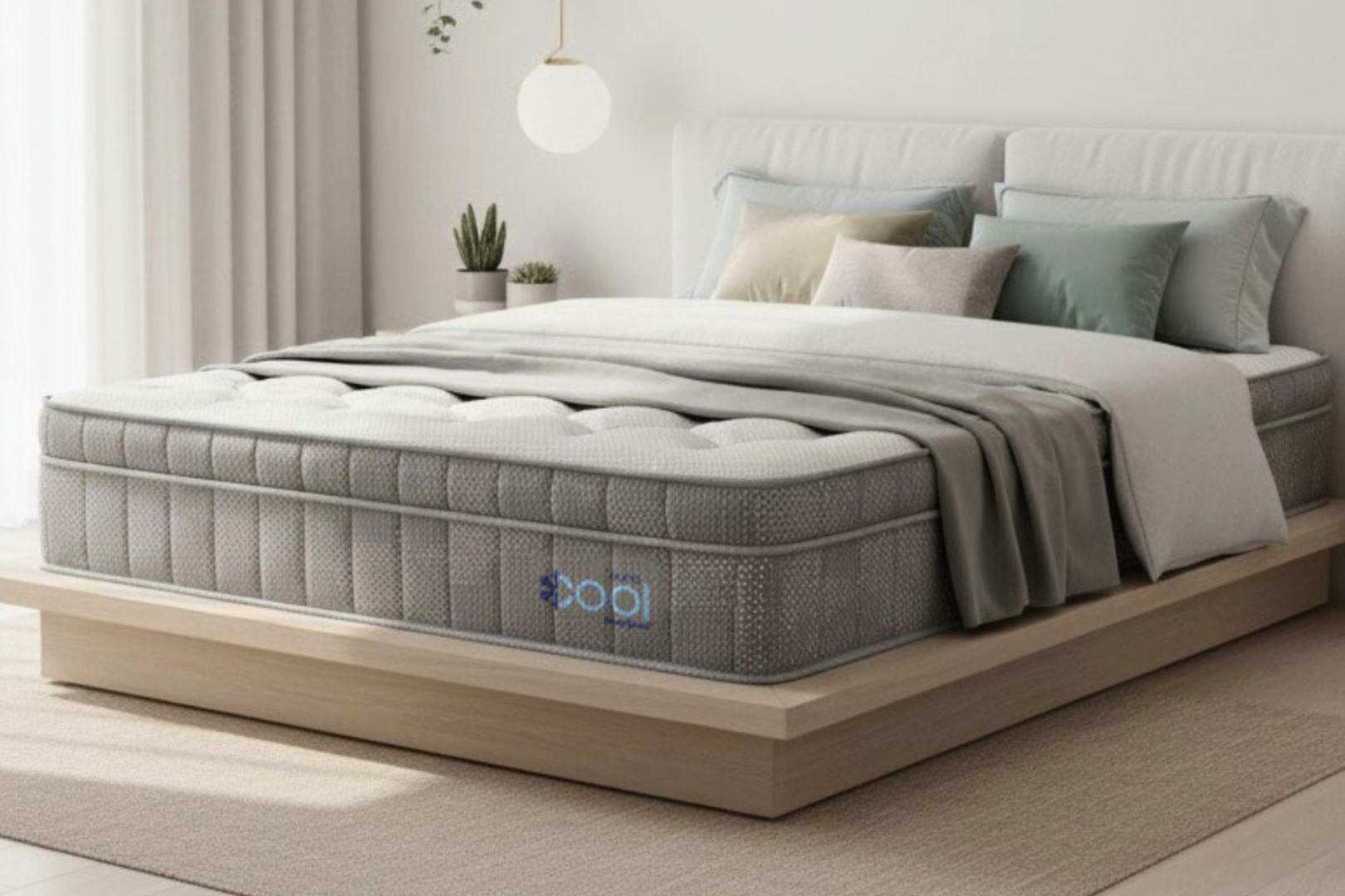 Dormitorio moderno con colchón gris sobre estructura de cama de madera clara, almohadas y manta.