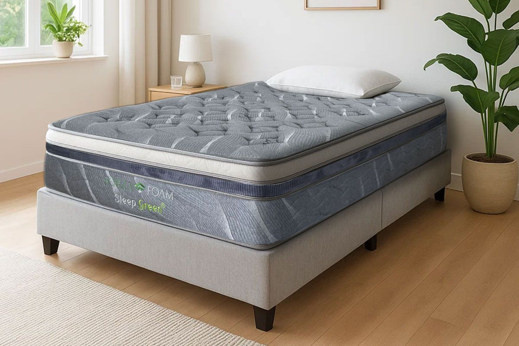 Cama doble con colchón y base gris, almohada blanca y plantas en macetas.